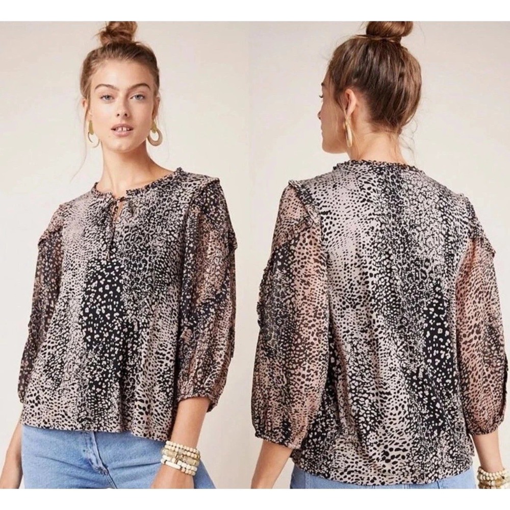 Maeve Anthropologie Leopard Print Metallic Balloon Sleeve Blouse Tan Black